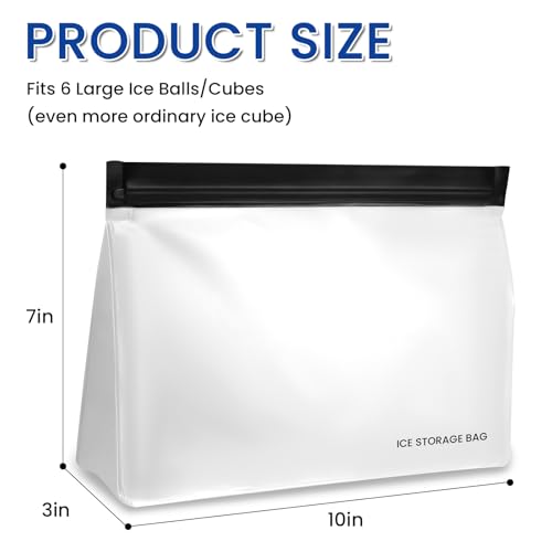2 Pack Whiskey Ice Ball Storage Bags, Reusable Freezer Bags with Secure Zipper Seal, For Whiskey, Bourbon, and Cocktails Enthusiasts, Fits 6 Ice Balls & Ice Cubes, 10”x7”x3”, Leakproof and BPA Free