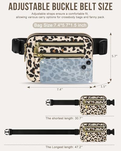 Capolo Fanny Packs for Women 4 Zip Pocket Crossbody Belt Bag Waist Bags - color: Leopard, size: Medium