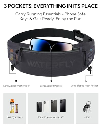 WATERFLY Running Belt Fanny Pack, Runner Race Belt with Bib Clip Dark Gray - color: Dark Gray