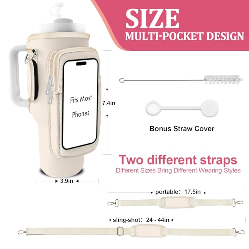 Stanley Carrier Bag for Stanley 40oz/30ozTumbler with Phone with 2 Adjustable Strap,3 Pockets Bottle Stanley Cup Carrier Bag & Case,Accessories for Hiking Travelling - color: Beige