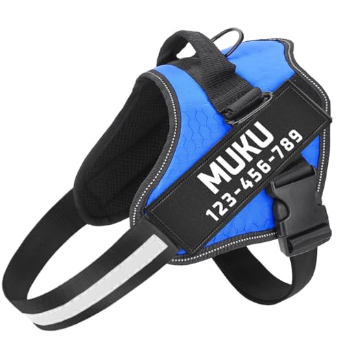 MUMUPET Custom Dog Harness Vest with 2 Personalized Name & Phone Patches - color: Blue-Custom, size: Small