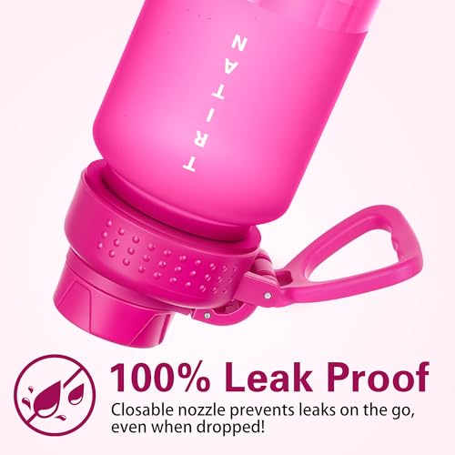 OLDLEY 32 oz Water Bottle with Handle, BPA-Free Tritan Reusable Sports Water Bottle with Leak-Proof Dust Lid, Wide Mouth, Cup Holder Friendly, Half Frosted Clear Bottle for Gym, Travel, Work,Hot Pink - color: Hot Pink