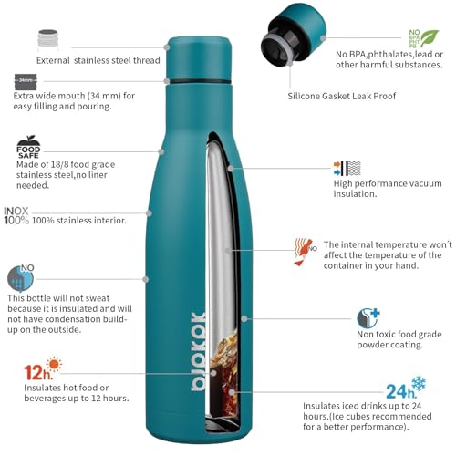 BJPKPK 17oz Skinny Insulated Water Bottle, Stainless Steel Flask - color: Lake Blue, size: 17 Ounces