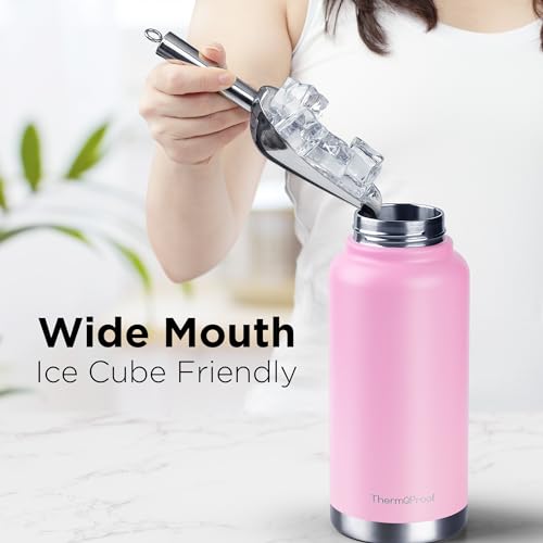 ThermoProof Double-Walled Vacuum Insulated Stainless Steel Water Bottle - Wide Mouth Canteen, Spout & Straw Lids, Dishwasher Safe, Reusable, Leakproof, Hot & Cold for Men, Women & Kids - 32oz, Pink - color: Pink, size: 32 Ounces