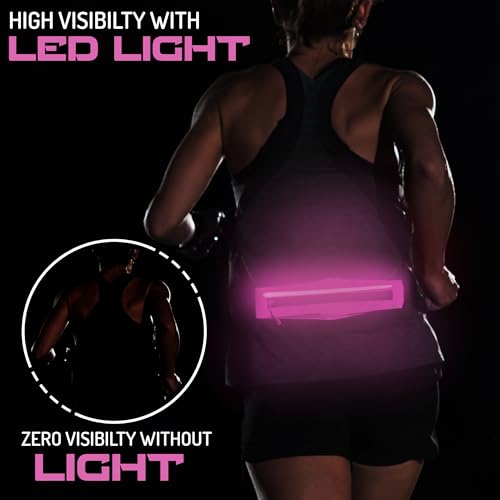 LED Rechargeable Running Belt for Men & Women – Light Up Reflective Waist Pack with Phone Holder | Adjustable Fitness Belt for Running, Walking, Hiking & Travel | WRENN & RAE (Cosmic Pink) - color: Cosmic Pink