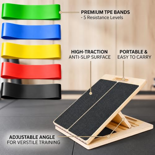 Slant Board for Calf Stretching with Resistance Bands – Adjustable Calf Stretcher Incline Board for Squats, Ankle Mobility & Leg Training
