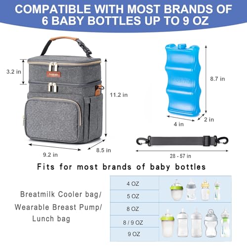Breastmilk Cooler Bag with Ice Pack Fits 6 Baby Bottles Up to 9 Ounce, Double Deck Leak-Proof Baby Bottles Bag with Shoulder Strap for Nursing & Working Mom, - color: Grey with pocket