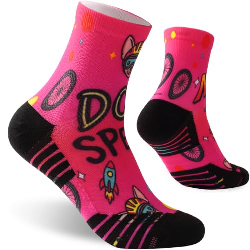 NIcool Cycling Socks For Men, 1/3 Pairs Bright Seamless Compression Running Crew Socks Youth Cushioned Tennis Quarter Socks - color: 1 Pair Hot Pink/Bike Print