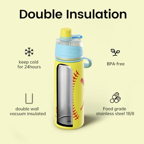 Softball Water Bottle - 20oz Insulated Misting Water Bottles Stainless Steel 3D Textured - Softball Accessories Gift for Kids - color: Softball