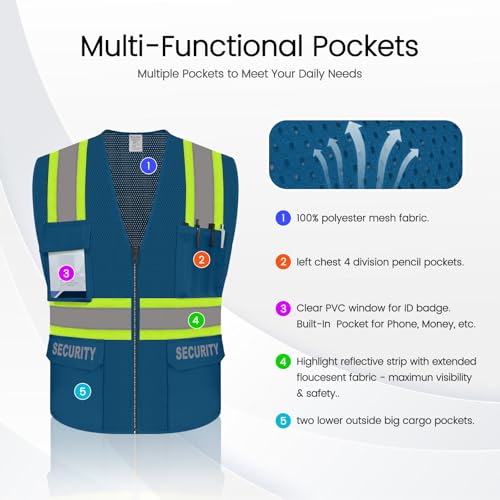 Security Vest for Security Guard, Hi Vis Safety Vest, Blue, S - color: Blue-security, size: Small