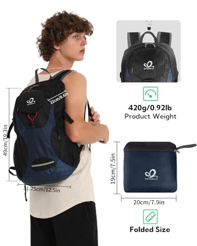 WATERFLY Lightweight Packable Hiking Backpack, 30L Day Pack - color: Blue & Black
