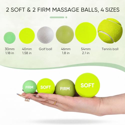 Soft & Firm Massage Lacrosse Ball Set, 4 Sizes for Myofascial Release - color: 2 Firm Green + 2 Soft Neon Lime