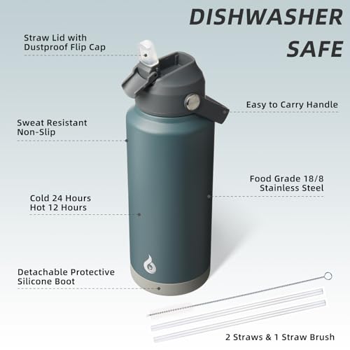 BJPKPK 32oz Insulated Water Bottle, Stainless Steel Bottle with Straw Lid - color: Gray, size: 32 Ounces
