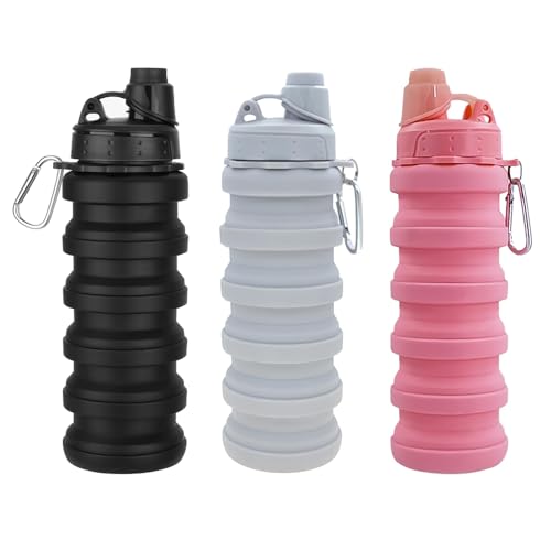 Collapsible Water Bottles 3 Pack 500ml Black+Light Grey+Pink - color: Black+Light Grey+Pink