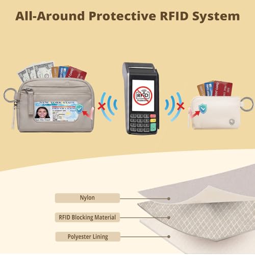 Dual Pouch Wristlet Keychain Wallet for Women, Coin Purse with RFID Blocking, Nylon Phone Wallet & Card Holder - color: Creamy Beige+Warm Taupe