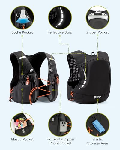 Sahara Sailor Running Vest for Women Men, 2PCS 500ml Soft Flasks, Adjustable Chest Waist Fit, Multi-Pockets, Lightweight Breathable Reflective Hydration Backpack for Running, Trail, Cycling, Hiking - size: M (32–42 in)