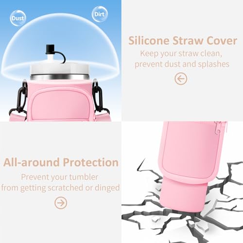AceTreker Water Bottle Carrier Bag with Strap for Stanley 40/30 oz Tumbler Neoprene Insulated Cup Holder Sleeve with Phone Pocket & Straw Cover for Stanley Cup Accessories - color: 01-Pink, style: 30 Oz