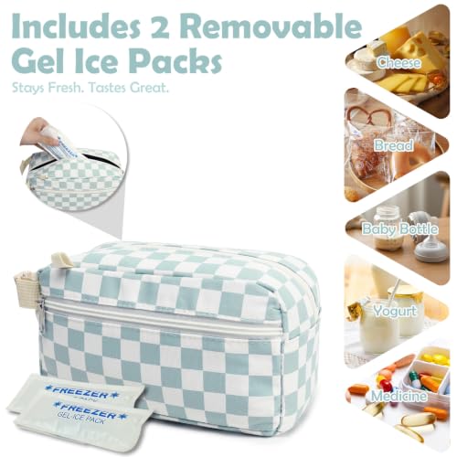 Fammart Freezable Snack Bag with Removable Ice Packs, Small Insulated Lunch Bag Mini Cooler, Leakproof Reusable Snack Lunch Box with Buckle Handle for Work, Travel, Office - Checkered Green - color: with Ice Packs - Checkered Green
