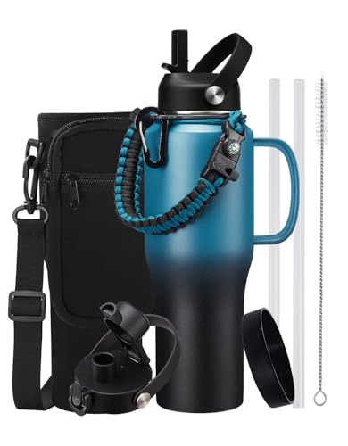 32 oz Insulated Water Bottle Tumbler – with Straw & Spout Lid, Carrier Bag - color: Indigo Crush, size: 32 Ounces with built-in handle