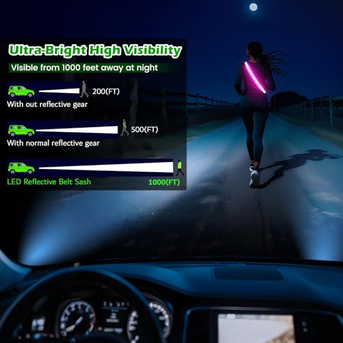 LED Reflective Belt Sash, High Visibility 5 Color 3 Light Mode Rechargeable LED Waistband Reflective Running Gear, Light Up Waist Belt Safety Gear for Running Walking Cycling at Night - color: Pink