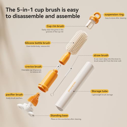 5-in-1 Bottle Cleaning Brush Set - Silicone Baby Bottle Brush Cleaner Kit with Nipple Brush, Detail Brush & Straw Brush, Portable Long Handle Bottles Scrubber Cleaning Tool （Orange）