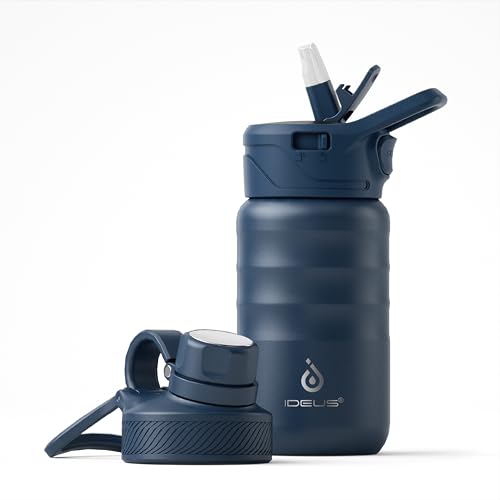 IDEUS 12oz Insulated Stainless Steel Water Bottle with 2 Leak-Proof Lids - color: Navy Blue, size: 12 Ounces