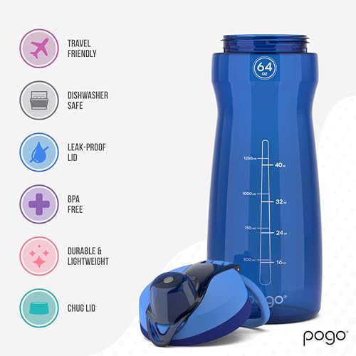 Pogo 64oz Plastic Water Bottle with Chug Lid and Carry Loop, Blue - color: Blue, size: 64 Ounces