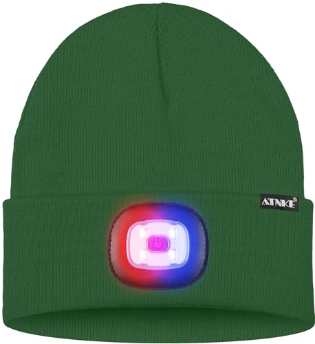 ATNKE LED Lighted Beanie Hat,USB Rechargeable 4 LED Red and Blue Flashing Running Headlamp Cap Gifts for Men and Women - color: #Green