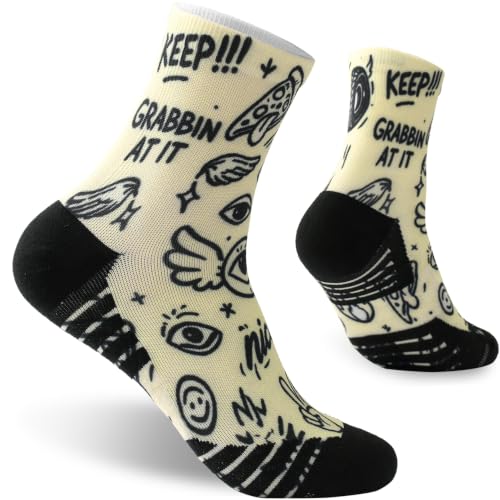NIcool Cycling Socks For Men, 1/3 Pairs Bright Seamless Compression Running Crew Socks Youth Cushioned Tennis Quarter Socks - color: 1 Pair Ivory/Black Doodle