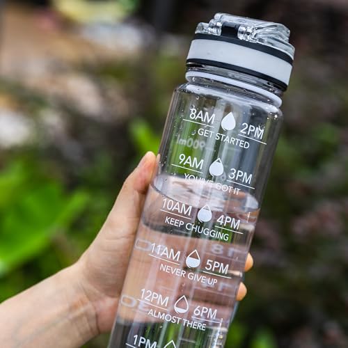 OLDLEY Water Bottle, 32oz Motivational Sports Water Bottle with Time Marker - Times to Drink - Tritan, BPA Free, Wide Mouth Leakproof, Clear (1 Bottle) - color: A-Clear