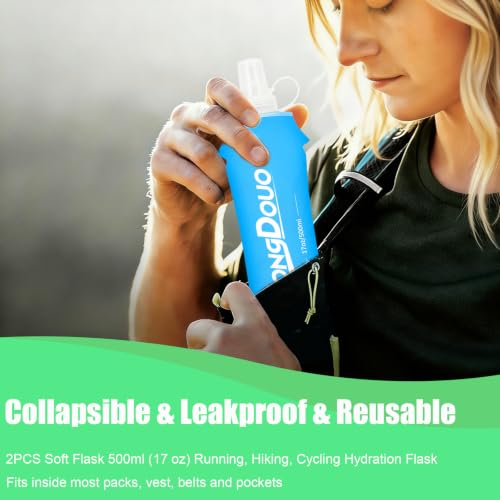 Flexible Running Bottles - Two Pack: 500ml/17oz, Foldable, BPA/PVC Free Soft Flask for Hydration Vests and Running Packs,Collapsible Leak-proof Pocket Bottle for Jogging, Hiking, Cycling, Climbing - color: Light Blue