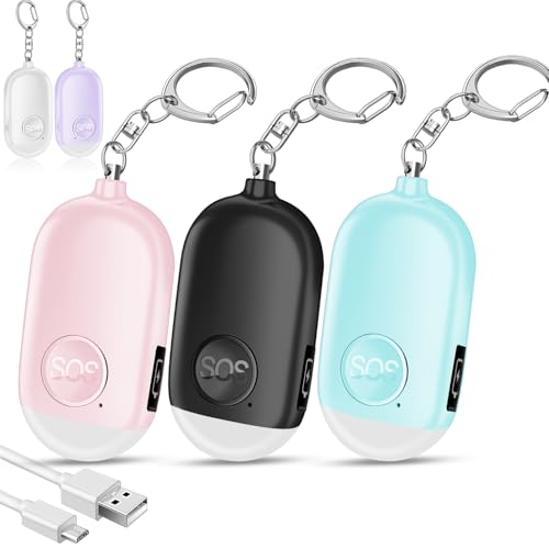 Hion Personal Safety Alarm for Women, 3 Pack Rechargeable 130dB Self Defense Alarm Keychain with LED Flashlight, Emergency Safe Sound Security for Children Elderly, Black+Pink+Blue - color: Black+pink+blue