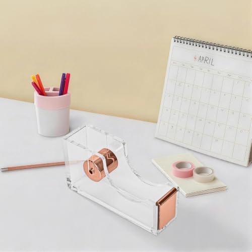 Rose Gold Clear Acrylic Tape Dispenser, Heavy Duty Non-Slip Desk Tape Dispenser with Serrated Stainless Steel Blade, Single Hand Dispensing Tape Holder for Office Home School Gift Wrapping - color: Rose Gold