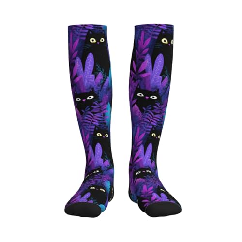 Cute Compression Socks Knee High Support Stockings Women Men - color: Black Cats Purple