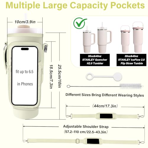 Water Bottle Carrier Bag for Stanley Cup 40/30oz, Neoprene Water Bottle Holder Pouch with 3 Pocket Adjustable Shoulder & Hand Strap - color: Off White