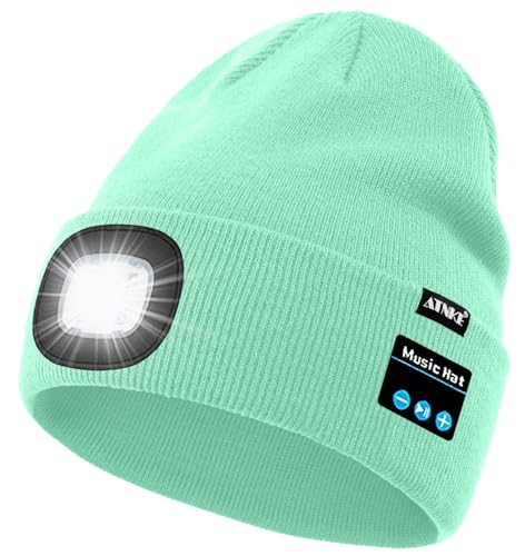 ATNKE LED Lighted Bluetooth Beanie Hat,USB Rechargeable 4 LED Wireless Music Running Headlamp Cap Gift for Men and Women - color: #Fruit Green