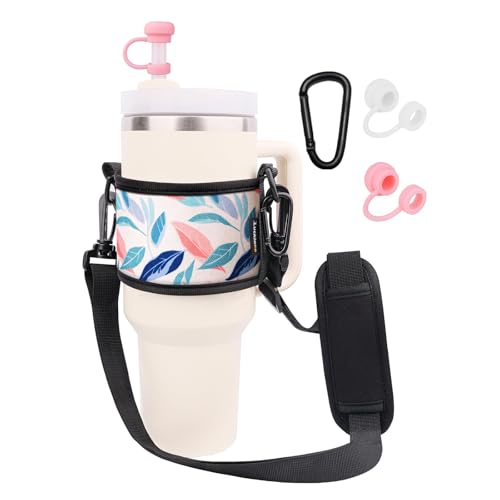 LUCKINEE Tumbler Holder with Strap Stanley Cup Holder Water Bottle Strap - color: Leaf print