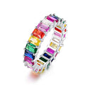 Barzel Eternity Rainbow Ring Wedding Band for Women | 18K Gold Plated Emerald-Cut Rainbow Multi Color Created-Gemstone Eternity Ring - color: Rainbow