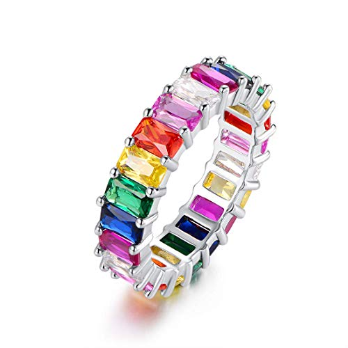 Barzel Eternity Rainbow Ring Wedding Band for Women | 18K Gold Plated Emerald-Cut Rainbow Multi Color Created-Gemstone Eternity Ring - color: Rainbow