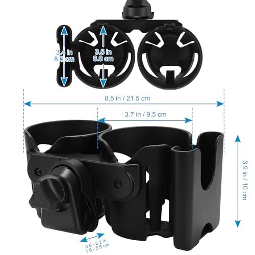 Accmor Stroller Cup Holder, Universal Cup Holder for Walker Wheelchair Bike Scooter, 360° Rotatable Stroller Cup Holder Attachment Walker Wheelchair Accessory - color: Double Cup Phone Holder-Black