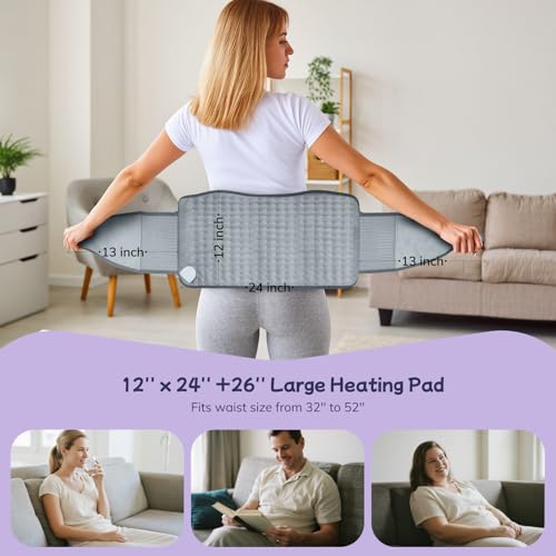 Heating Pad for Back, Upgraded Electric Heating Pad for Low Back Neck Shoulder Pain Relief, 12 x 24+26" Large Heat Pad with 4 Timer 6 Heat Setting & Auto Shut Off, Christmas Birthday Gifts for Men Dad - color: Gray