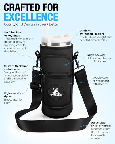 Sports rabbit Universal Water Bottle Holder with Strap & Phone Pocket - color: Black, size: 30OZ