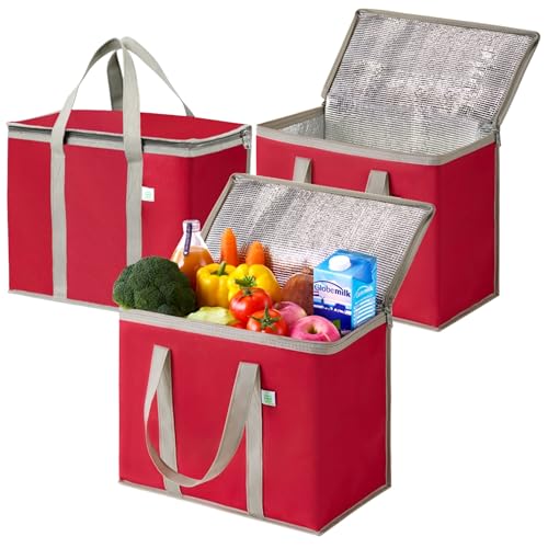 VENO 3 Pack Cooler Bag Insulated Grocery Bags for Food Delivery Heavy Duty - color: Red, size: 3 Pack