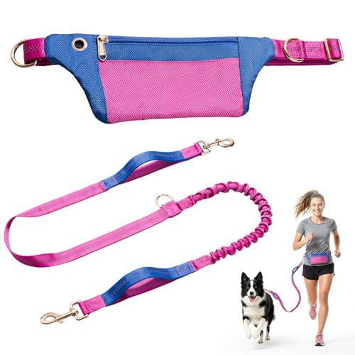 Hands Free Dog Leash with Pouch, Bungee, Waist Belt and Dual Handles - color: Pink