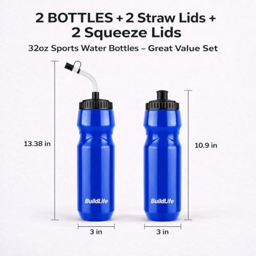 Hockey Water Bottle with Long Straw-32 OZ Squeeze Water Bottle for Football - color: Blue