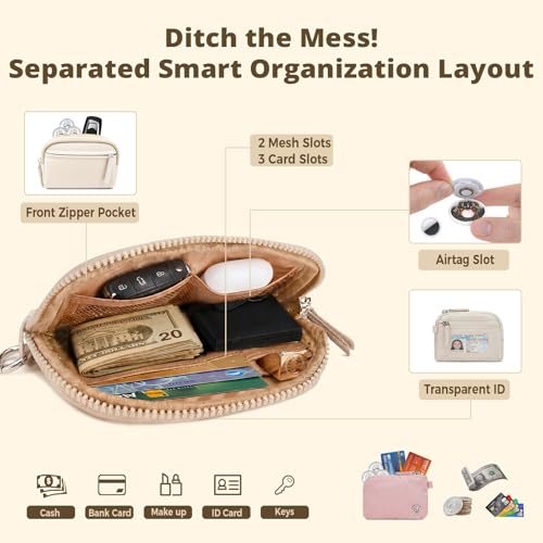 Dual Pouch Wristlet Keychain Wallet for Women, Coin Purse with RFID Blocking, Nylon Phone Wallet & Card Holder - color: Creamy Beige+Blush Pink