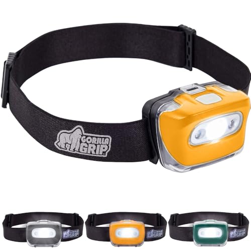GORILLA GRIP Ultra Bright High Lumens LED Head Lamp, 7 Light Modes Water Resistant IPX4 Headlamp, Adjustable Headband, Battery Powered Outdoor Running, Camping Forehead Flashlight Lamps, 1 Pack Orange