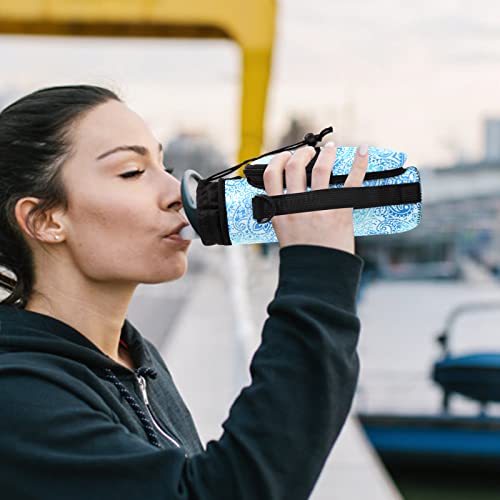 AUPET Water Bottle Sling Bag Sleeve Holder Carrier 25/32/40/64 oz,Insulated Crossbody Water Bottle Case Cover with Strap and Pockets for Men/Women Walking Hiking - color: blue feather, size: 32oz