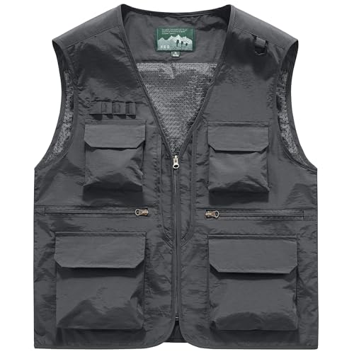 Men's Utility Fishing Cargo Vest Outdoor Lightweight Safari Travel Photo Vest Hiking Waistcoat With Multi Pockets - color: Gray, size: Small