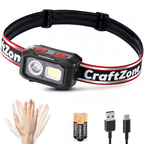 Rechargeable LED Headlamp w/Reflective Headband, 500LM USB-C Waterproof, Motion & Dimming, 4 Modes & Memory, Li-ion/AAA Dual Power, Magnetic 60° Mount for Camp Hike Work - color: Black-Red